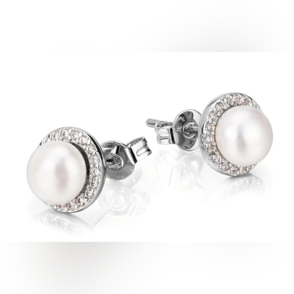 Cultured Pearl & White Lab Created Topaz Halo Stud Earrings NWOT - Picture 2 of 4